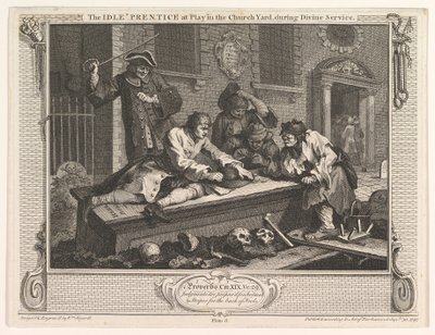 Le Paresseux jouant dans le cimetière Industrie et paresse, planche 3 - William Hogarth