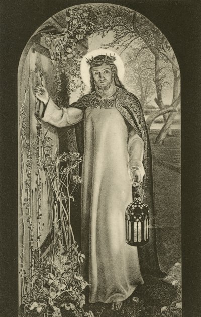 La Lumière du Monde, peinture au Keble College, Oxford, Oxfordshire, représentant le Christ portant une lanterne et frappant à une porte - William Holman (after) Hunt
