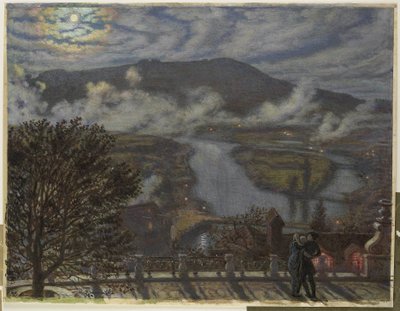 Vue depuis la terrasse sur un paysage fluvial de nuit (The Terrace, Berne) - William Holman Hunt