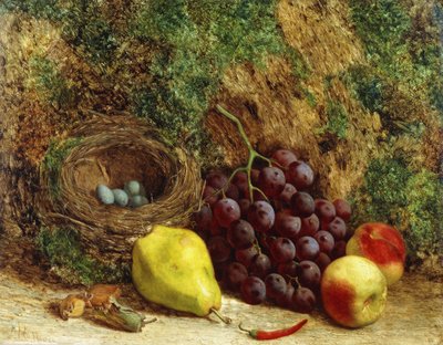 Raisins, une poire, des pêches et un nid d