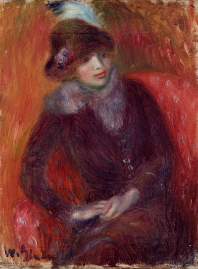 Femme assise avec un col en fourrure et fond rouge - William James Glackens