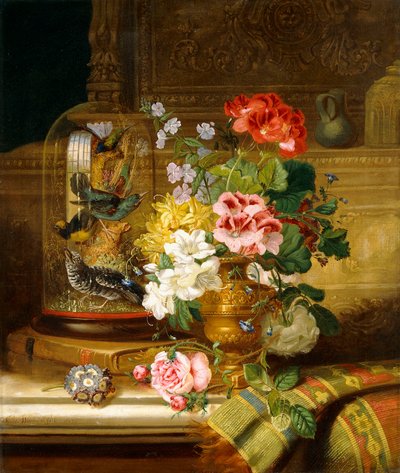 Un vase de fleurs variées et oiseaux chanteurs sur un rebord, 1867 - William John Wainwright