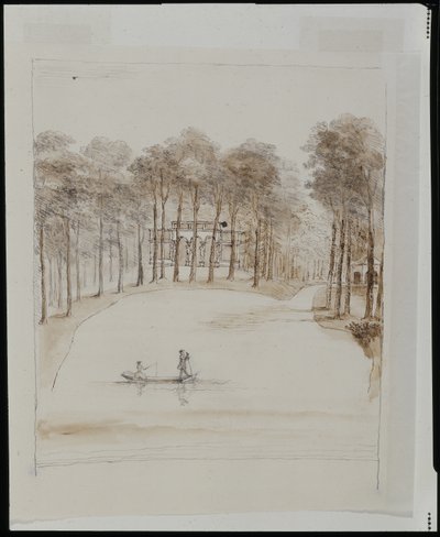 Nichoir à Chiswick; bassin avec un couple en bateau, la femme pêchant - William Kent