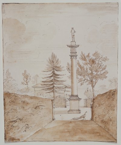 Chiswick, vue de la colonne dorique avec la statue de Vénus de Médicis, et un aperçu du côté de la maison des cerfs (encre sur papier) - William Kent