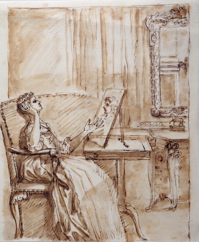Lady Burlington assise dans sa salle de jardin admirant un dessin de maître ancien (?) (encre sur papier) - William Kent