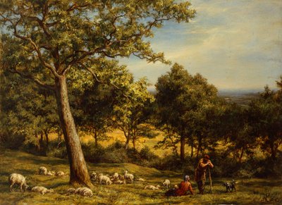 Un Berger et son Troupeau dans un Paysage Boisé Ensoleillé - William Linnell