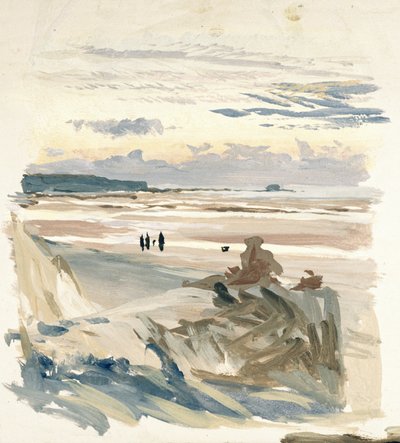 Personnages sur la plage, probablement à Amble (France), avec la silhouette du Fort Vauban à la lumière du crépuscule - William Lionel Wyllie