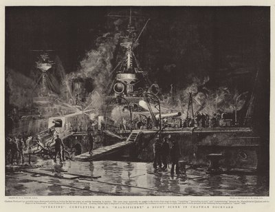Heures supplémentaires, complétant le HMS Magnificent, une scène nocturne dans le chantier naval de Chatham - William Lionel Wyllie