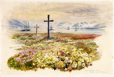 Search Bay (Research Bay, Tasmanie, Australie), deux croix plantées dans des parterres de fleurs avec des navires au loin - William Lionel Wyllie