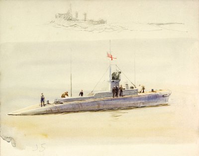 Sous-marin J.5 et croquis approximatif d