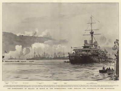 Le bombardement de Malaxa le 23 mars, la flotte internationale bombardant les insurgés dans le blockhaus - William Lionel Wyllie