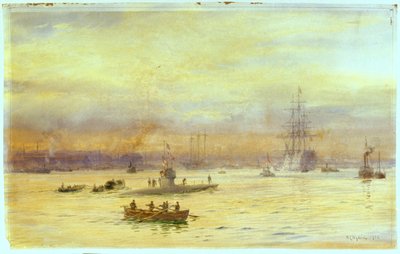 Cette vue regarde vers le port du côté de Gosport où un sous-marin entre, avec un autre devant lui - William Lionel Wyllie