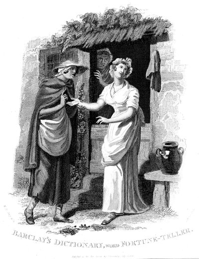 Chiromancie : Fille de la campagne faisant lire sa main par une diseuse de bonne aventure qui voit des malheurs à venir - William Marshall Craig