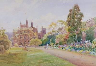 La longue promenade et la bordure de fleurs en mai - New College, Oxford, c.1918 - William Matthison