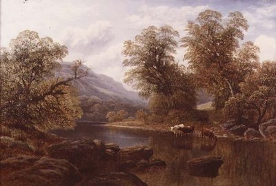 Paysage avec une rivière et du bétail - William Mellor