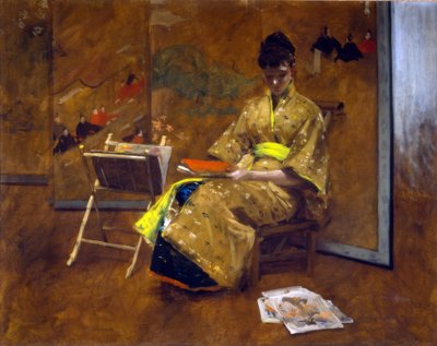 Une fille en robe japonaise. Le Kimono vers 1887. - William Merritt Chase