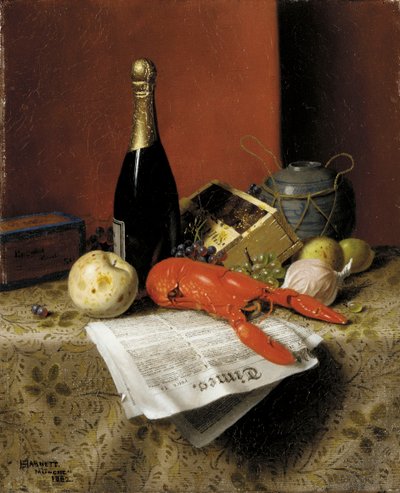 Nature morte avec homard, fruits, champagne et journal, 1882 - William Michael Harnett