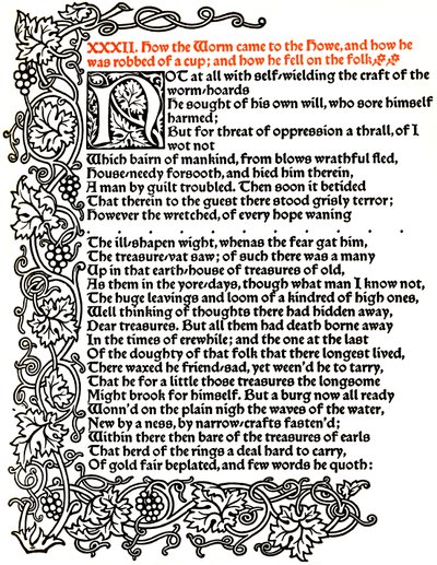 Kelmscott Press : Page du Conte de Beowulf imprimée en caractères Troy, vers 1895, 1914 - William Morris