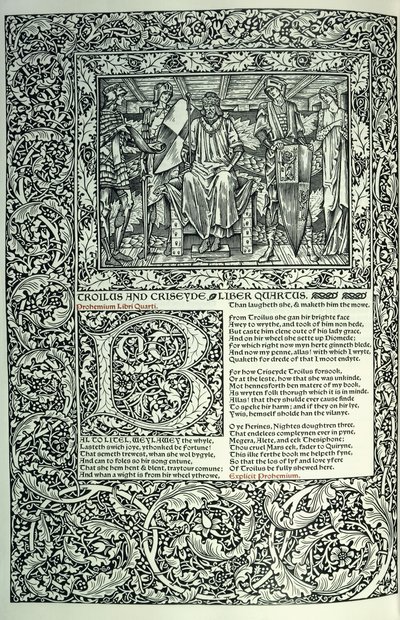 Scène de « Troilus et Criseyde », initiale historiée « B », manuscrit avec bordure pleine page, 1896 - William Morris