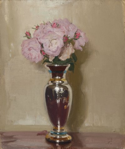 Roses roses dans un vase en lustre argenté - William Nicholson