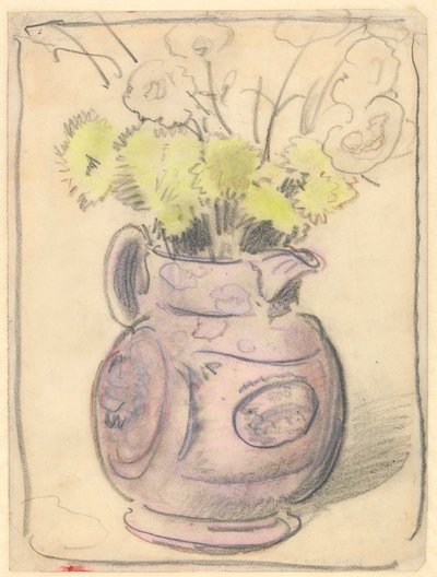 Vase de fleurs : chrysanthèmes jaunes dans un pichet en lustre - William Nicholson