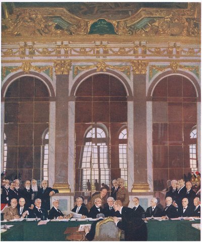 Signature de la paix dans la galerie des Glaces, Palais de Versailles, 28 juin 1919, de Cassells History of the British People publié par la Waverley Book Company Limited, vers 1940 - William Orpen
