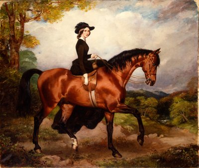 Portrait de Mme Thomas Conolly, assise en amazone dans une tenue de cheval noire sur un chasseur alezan - William Osborne