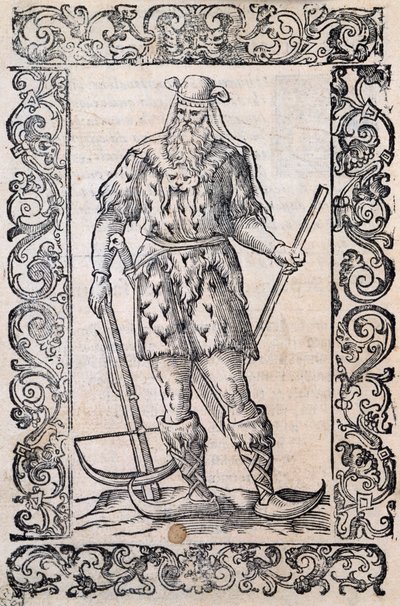 Homme avec robe en fourrure, arbalète et chaussures à bout tordu (exemple de skis rudimentaires), illustration attribuée à Cesare Vecellio (1521-1601), publiée en Italie au XVIe siècle - Nicolas Toussaint Charlet