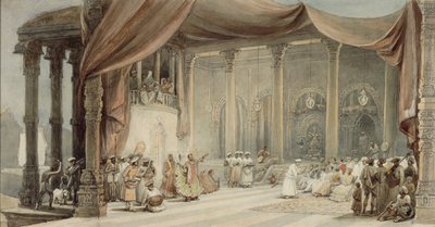Européens divertis par des danseurs et des musiciens dans une somptueuse maison indienne à Calcutta pendant Durga puja - William Princep