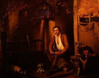 Extérieur de cottage avec ouvrier assis - William Redmore Bigg