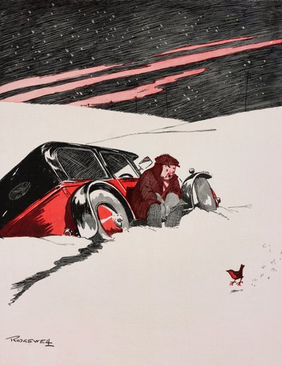 Quand le rouge-gorge rouge arrive en sautillant, automobiliste dans une voiture coincée dans la neige, dessin animé par William Ridgewell (1881-1937) de The Tatler, No 1434, 19 décembre - William Ridgewell