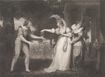Devant le palais du duc - Rosalind, Celia, Orlando, le duc..., publié pour la première fois en 1800, réédité en 1852 - William Satchwell Leney