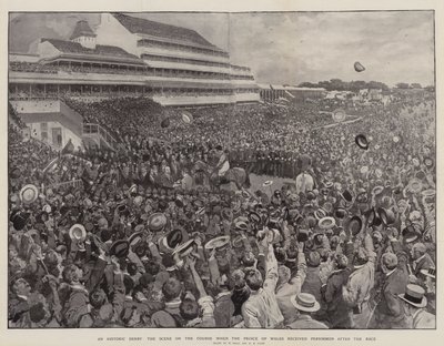 Un derby historique, la scène sur le parcours lorsque le prince de Galles a reçu Persimmon après la course - William Small