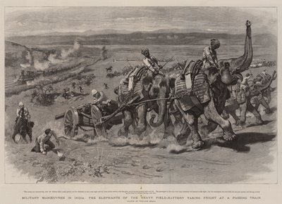 Manœuvres militaires en Inde, les éléphants de la batterie de campagne lourde effrayés par un train passant - William Small