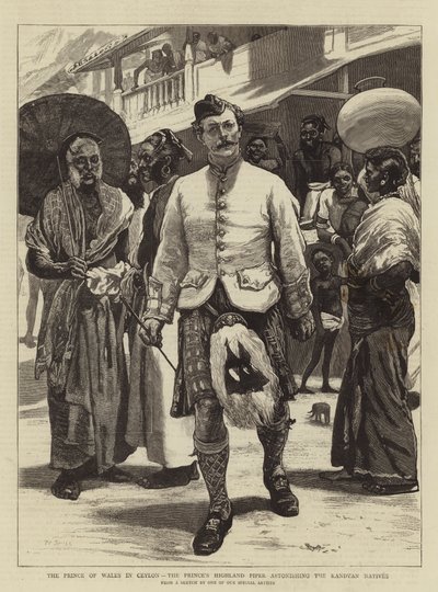 Le prince de Galles à Ceylan, le joueur de cornemuse écossais du prince étonnant les natifs de Kandy - William Small