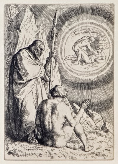 Michel montre à Adam une vision de Le Paradis perdu de John Milton, une série de 12 illustrations gravées par William Strang - William Strang