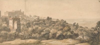 Paysage italien : village sur une colline à gauche, pente vers la droite, avec vallée lointaine au-delà - William Taverner