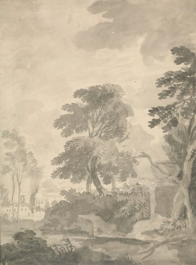 Paysage, arbres et vue lointaine de Rome - William Taverner