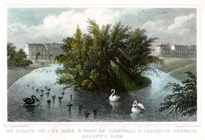 Île sur le lac et partie des terrasses de Cornwall et Clarence, Regents Park, Londres, 1828 - William Tombleson