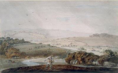 Un fermier semant, une vallée fluviale et des collines ondulantes au-delà - Joseph Mallord William Turner