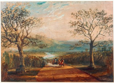 Diligence sur une route à travers la vallée, les landes derrière - Joseph Mallord William Turner