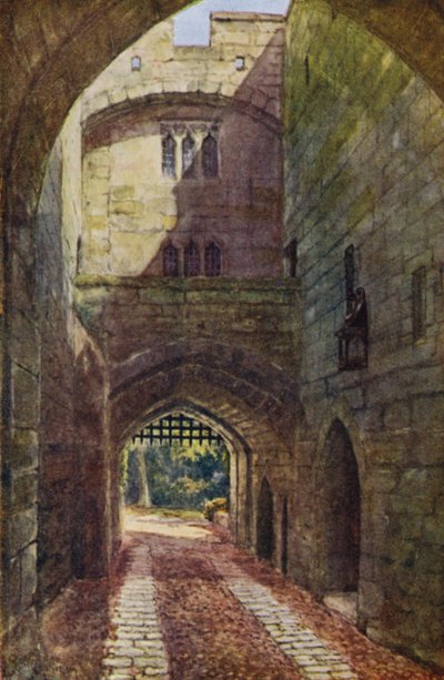Château de Warwick : Maison de la porte et herse (lithographie en couleur) - William W. Quatremain