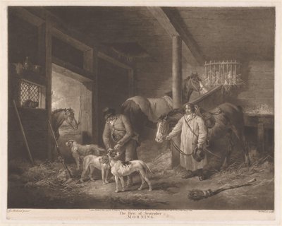 Chasseurs préparant leurs animaux dans l