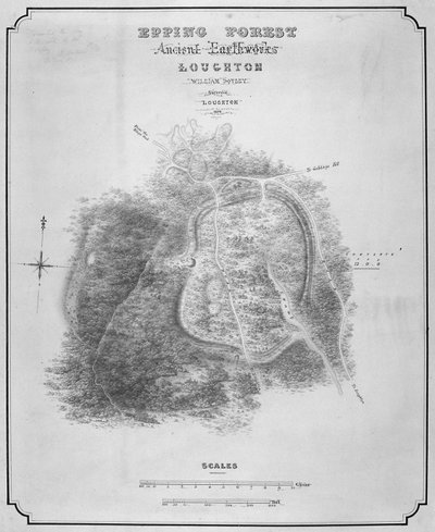 Carte des anciens travaux de terrassement à Loughton Camp, réalisée vers 52 après J.-C. dans la forêt d
