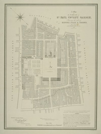 Carte de la paroisse de St. Paul, Covent Garden, montrant le site de Bedford House et ses jardins, publiée par W.P. Metchim, 1686 - Willian Leybourn