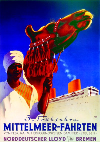 5 croisières méditerranéennes de printemps, affiche publicitaire pour la Bremen North German Lloyd Line - Willy Hanke