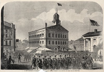 Un nouveau régiment de volontaires du Massachusetts passe devant Faneuil Hall, à Boston, sur le chemin de la guerre. - Winslow Homer