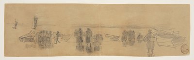 Plage avec quatre bateaux de pêche, Cullercoats, Angleterre - Winslow Homer