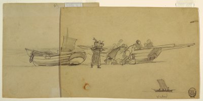 Dessin, hommes et femmes déchargeant un doris de pêche, Cullercoats, Angleterre, 1881-82 - Winslow Homer