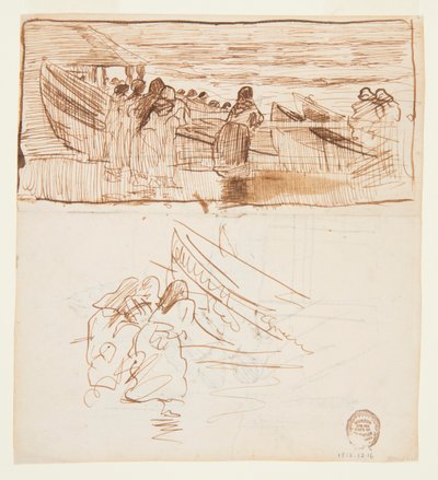 Deux études de femmes debout derrière une balustrade, regardant le lancement de doris, Cullercoats, Angleterre - Winslow Homer